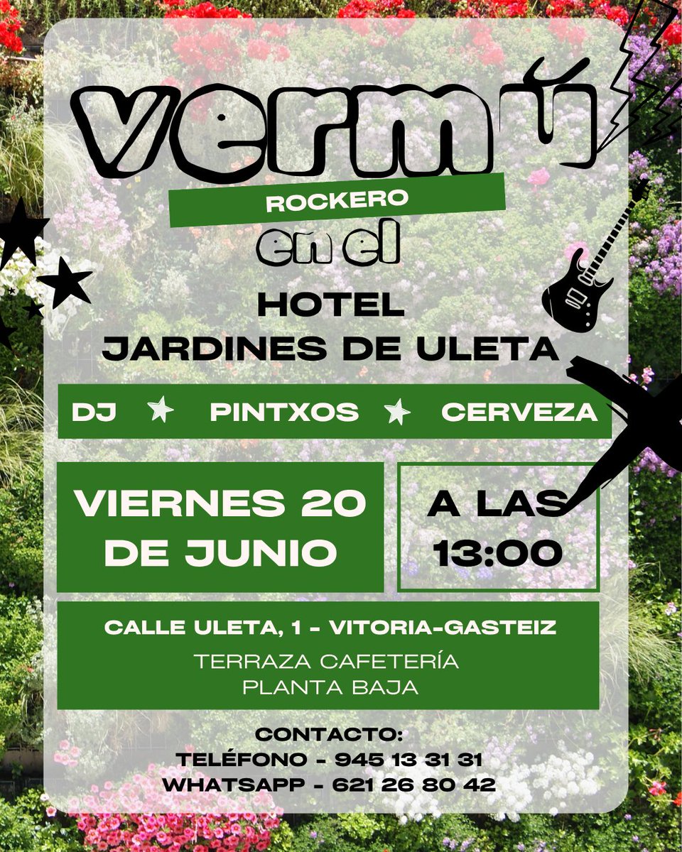 ¡Saca tu lado más rockero!
Te esperamos en el Vermú Rockero de Jardines de Uleta Suites 🎸🤘
📍Hotel Jardines de Uleta Suites. Calle Uleta, 1 01007, Vitoria-Gasteiz
🗓️ Viernes 20 de junio de 2025
⏰ 13:00h
🆓 La entrada es libre hasta completar aforo.
📞Más info: 945133131