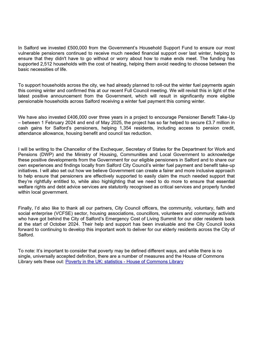 In Salford, we took decisive action last winter to use £500k to directly support 2,512 older households to help with the cost of heating. We welcome the Government’s announcement to support our pensioners this coming winter and I’m sharing our learning with ministers. #winterfuel