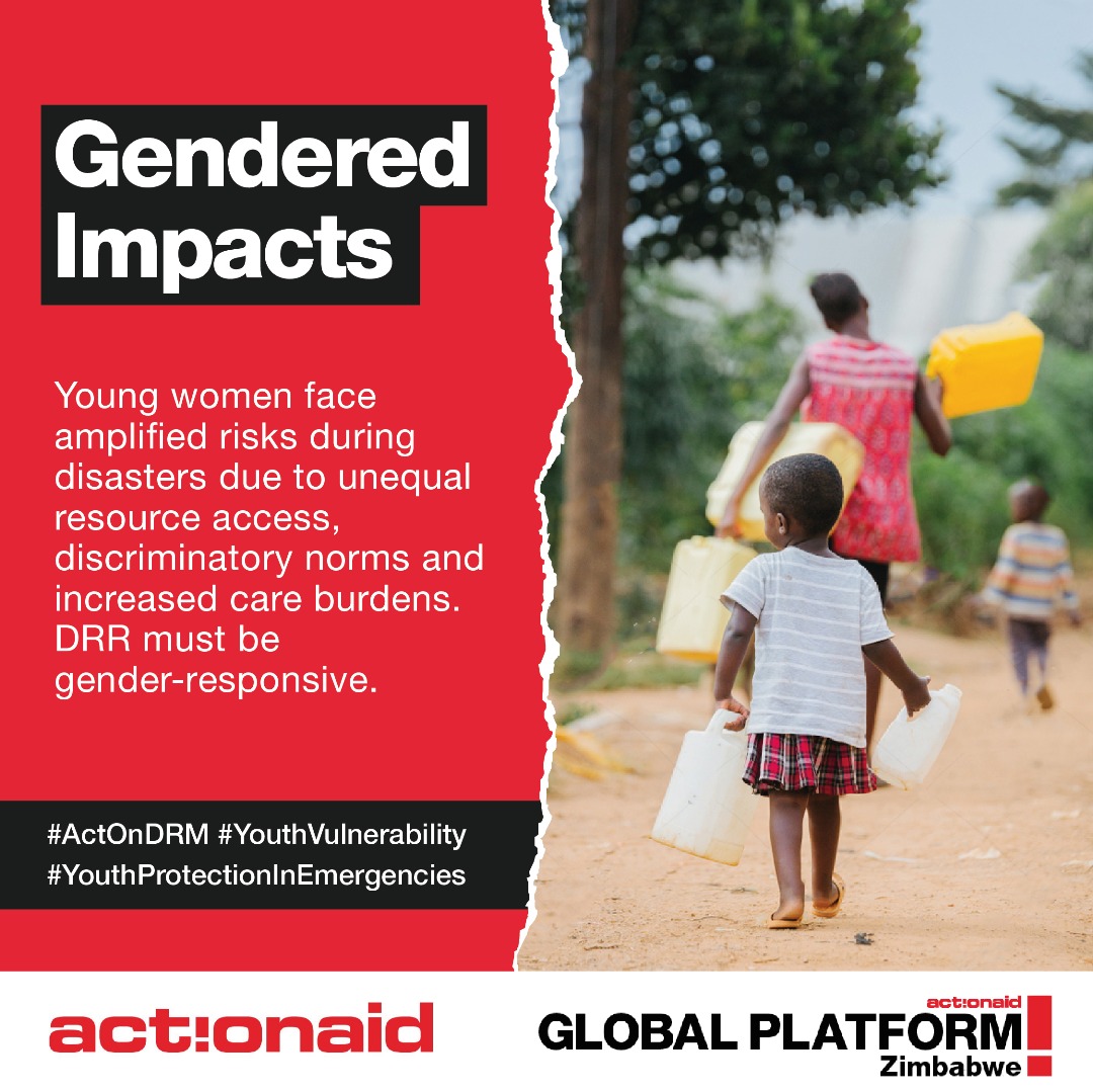 Gendered Impacts!
Young women face amplified risks during disasters due to unequal resource access, discriminatory norms and increased care burdens. DRR must be gender-responsive.
 #ActOnDRM #YouthVulnerability #YouthProtectionInEmergencies