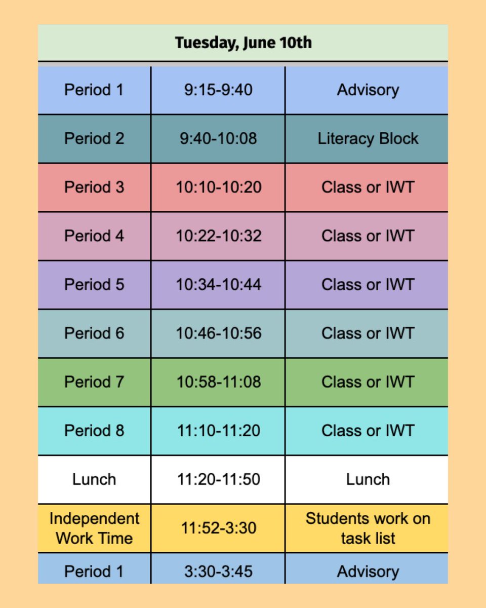 Tuesday, June 10th is our Async Workday for the month of June.

It’s on Tuesday to accommodate graduation rehearsal happening on Wednesday the 11th.

Please note the schedule difference for this Async Workday then past ones due to teachers being on a leadership retreat this day.
