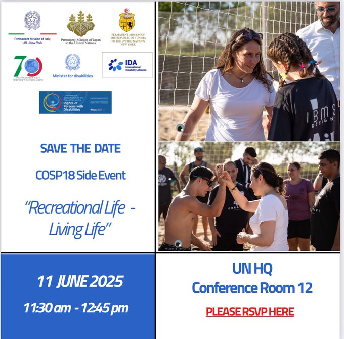 Italy UN New York (@italyun_ny) on Twitter photo Don't miss tomorrow's #COSP18 side event "Recreational Life - Living Life" co-organized by Italy 🇮🇹 🇯🇵🇹🇳 & <a href="/IDA_CRPD_Forum/">International Disability Alliance (IDA)</a> to share best practices and outline future pathways for a full and effective #inclusion of persons with disabilities.
🗓️11 June
🕐11:30 – 12:45,
📍CR 12, Don't miss tomorrow's #COSP18 side event "Recreational Life - Living Life" co-organized by Italy 🇮🇹 🇯🇵🇹🇳 & <a href="/IDA_CRPD_Forum/">International Disability Alliance (IDA)</a> to share best practices and outline future pathways for a full and effective #inclusion of persons with disabilities.
🗓️11 June
🕐11:30 – 12:45,
📍CR 12,