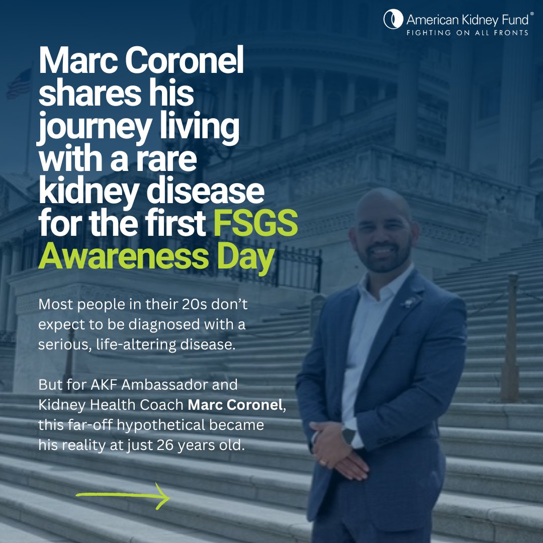 KidneyFund's tweet photo. Today is the first-ever #FSGSAwarenessDay, and we are sharing the inspiring journey of Marc Coronel. At just 26, Marc received a life-changing diagnosis: focal segmental glomerulosclerosis (FSGS). Read the blog to hear Marc's inspiring story: https://t.co/UPEgKosbpU https://t.co/TeqyZvjCEk