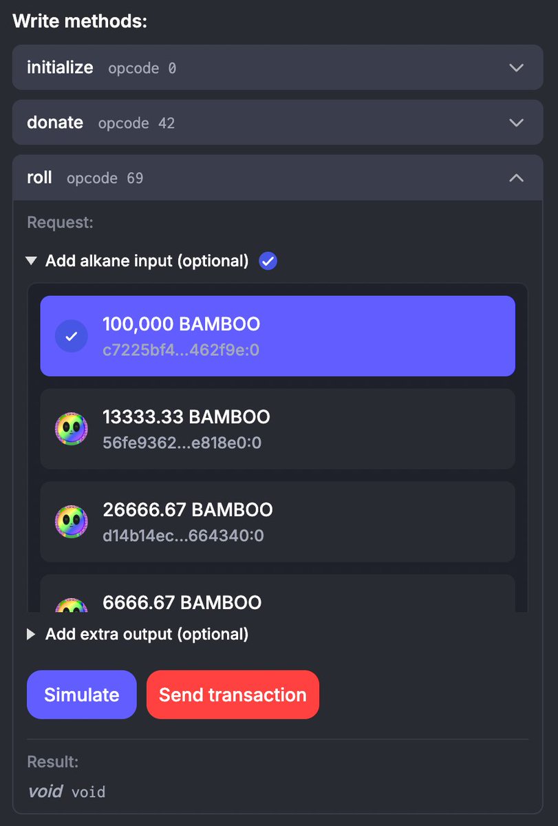 BAMBOO ROLL TLDR ELI5 

Want to try out Bamboo Roll, where there is a 45% chance to double your $BAMBOO and a 55% chance to lose it to the forest? 

Click this link: ordiscan.com/alkane/BAMBOO_… 

Connect wallet, click 'roll' under Write methods, then click Add alkane input to add