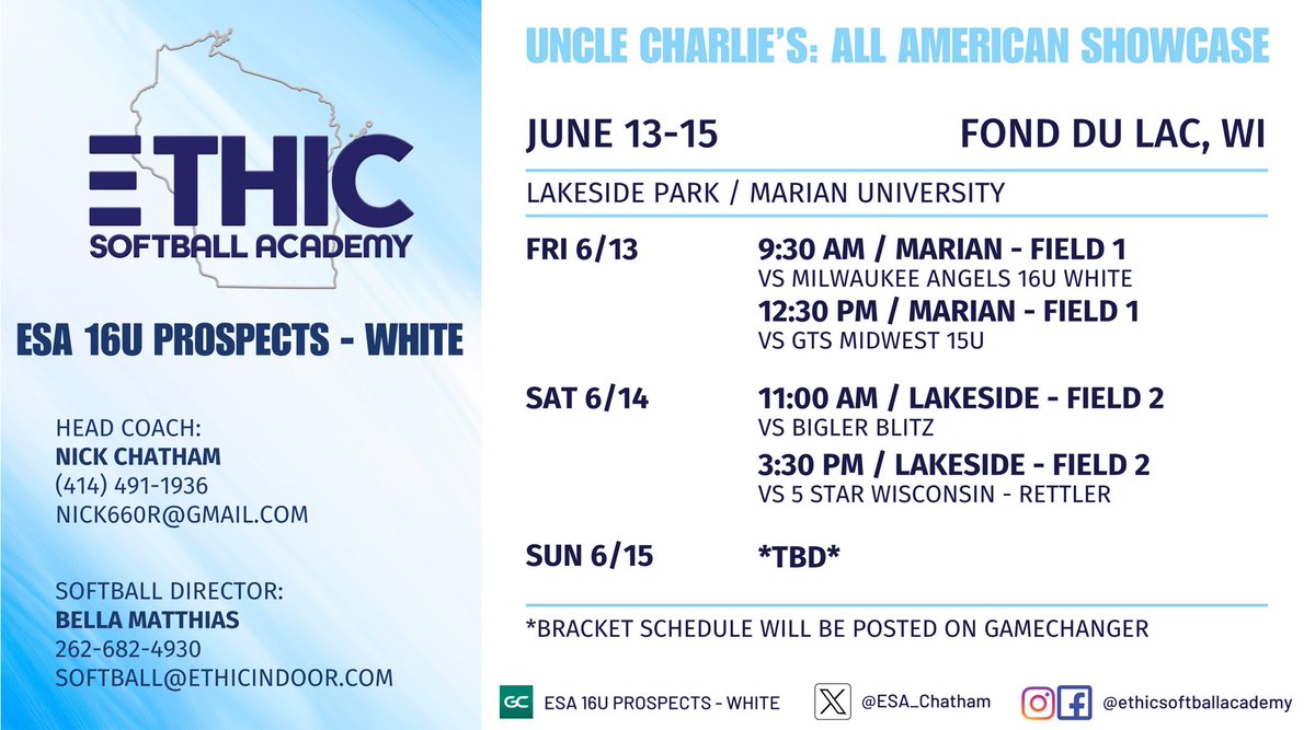 ESA 16U Prospects - White (@esa_chatham) on Twitter photo Game Schedule for the Uncle Charlie’s: All American Showcase in📍Fond Du Lac, WI!! 💥
<a href="/Arowicki99/">Alejandra Rowicki</a> <a href="/chatjord12_8/">Jordan Chatham</a> <a href="/JaedaZackery/">Jaeda.zackery</a> <a href="/JaycieAnderson_/">Jaycie</a> <a href="/JamieG_30/">Jamie Gorski</a> <a href="/MollySheahan/">Molly Sheahan</a> Game Schedule for the Uncle Charlie’s: All American Showcase in📍Fond Du Lac, WI!! 💥
<a href="/Arowicki99/">Alejandra Rowicki</a> <a href="/chatjord12_8/">Jordan Chatham</a> <a href="/JaedaZackery/">Jaeda.zackery</a> <a href="/JaycieAnderson_/">Jaycie</a> <a href="/JamieG_30/">Jamie Gorski</a> <a href="/MollySheahan/">Molly Sheahan</a>