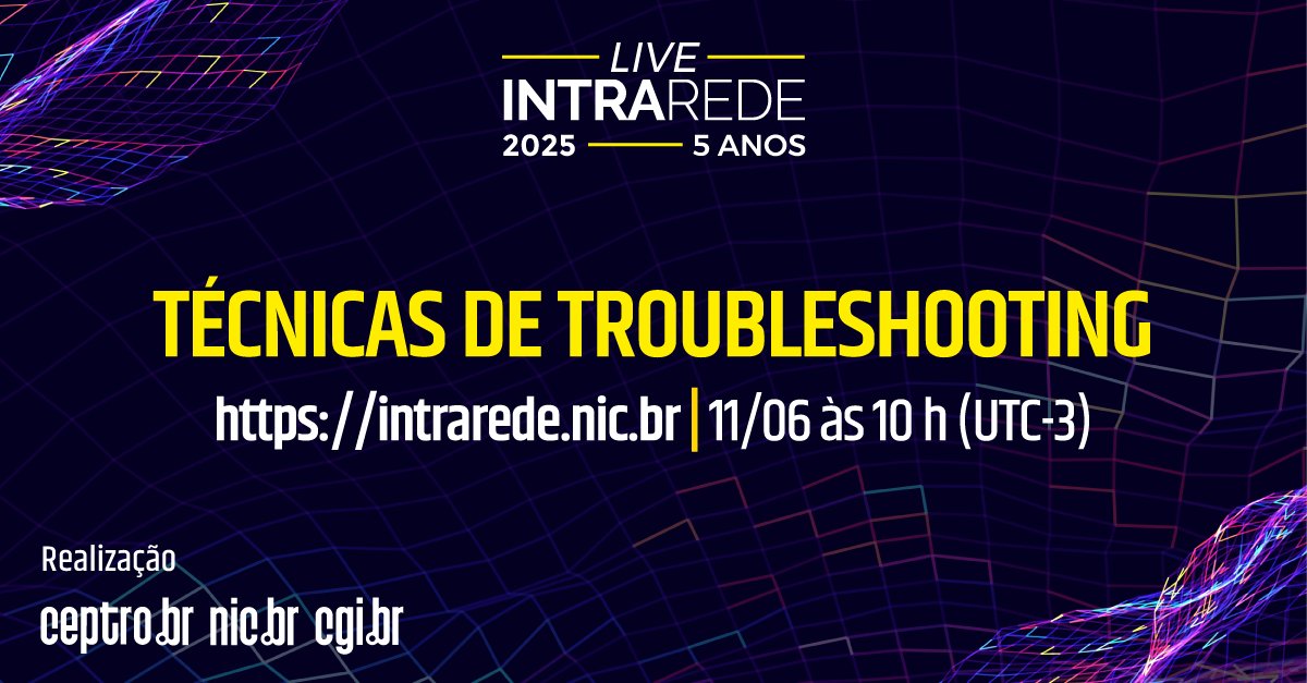 NIC.br (@comunicbr) on Twitter photo Reserve a manhã da sua quarta-feira (11) para mais uma live Intra Rede! 🌐
Desta vez, vamos falar de técnicas de troubleshooting e a importância de diagnosticar com precisão as causas das falhas em redes.
intrarede.nic.br/intra-rede-tec… Reserve a manhã da sua quarta-feira (11) para mais uma live Intra Rede! 🌐
Desta vez, vamos falar de técnicas de troubleshooting e a importância de diagnosticar com precisão as causas das falhas em redes.
intrarede.nic.br/intra-rede-tec…
