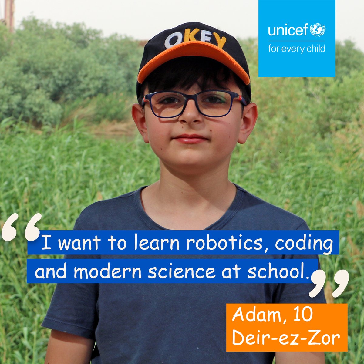 “I want to learn robotics, coding, and modern science at school,” says Adam, 10, from Deir-ez-Zor.

Across #Syria, #children like Adam are ready to shape the future.

#UNICEF is working to ensure schools offer quality, future-focused education.

#ForEveryChild, every right.
