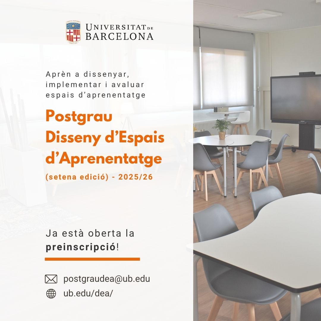 SMART CLASSROOM PROJECT (@smartclasspro) on Twitter photo 📢 Preinscripció oberta!
Vols aprendre a dissenyar, implementar i avaluar espais d'aprenentatge?
Fes-ho a <a href="/UniBarcelona/">Universitat de Barcelona</a> amb una formació pionera i innovadora per aprendre a transformar els centres educatius 🖊📚
🔗 Més informació:
ub.edu/acad/npost/pub… 📢 Preinscripció oberta!
Vols aprendre a dissenyar, implementar i avaluar espais d'aprenentatge?
Fes-ho a <a href="/UniBarcelona/">Universitat de Barcelona</a> amb una formació pionera i innovadora per aprendre a transformar els centres educatius 🖊📚
🔗 Més informació:
ub.edu/acad/npost/pub…