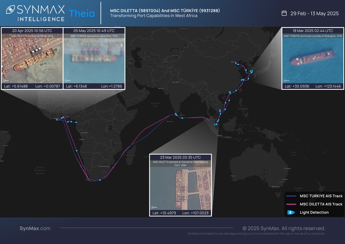 SynMaxInt's tweet image. The MSC TÜRKIYE (IMO 9931288) and MSC DILETTA (IMO 9897004), two ultra-large container vessels (ULCVs) with a 24,000 TEU capacity, recently made maritime history by becoming the first ships of their scale to dock at West African ports following extensive voyages across many of…