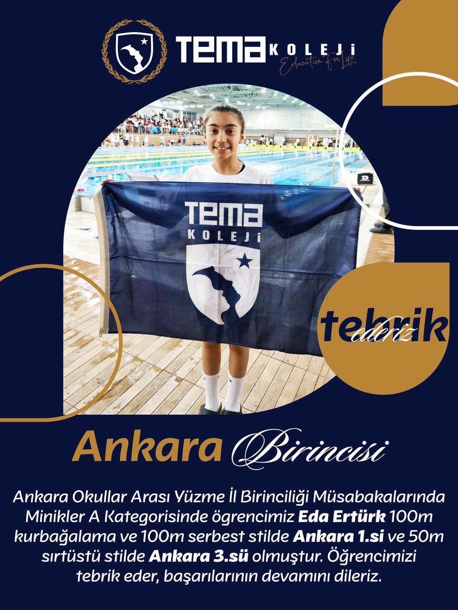 Ankara Okullar Arası Yüzme İl Bi̇ri̇nci̇li̇ği̇ Müsabakalarında Mi̇ni̇kler A Kategori̇si̇nde ögrenci̇mi̇z Eda Ertürk 100m kurbağalama ve 100m serbest sti̇lde Ankara 1.si̇ ve 50m sırtüstü sti̇lde Ankara 3.sü olmuştur. Öğrenci̇mi̇zi̇ tebri̇k ederiz.