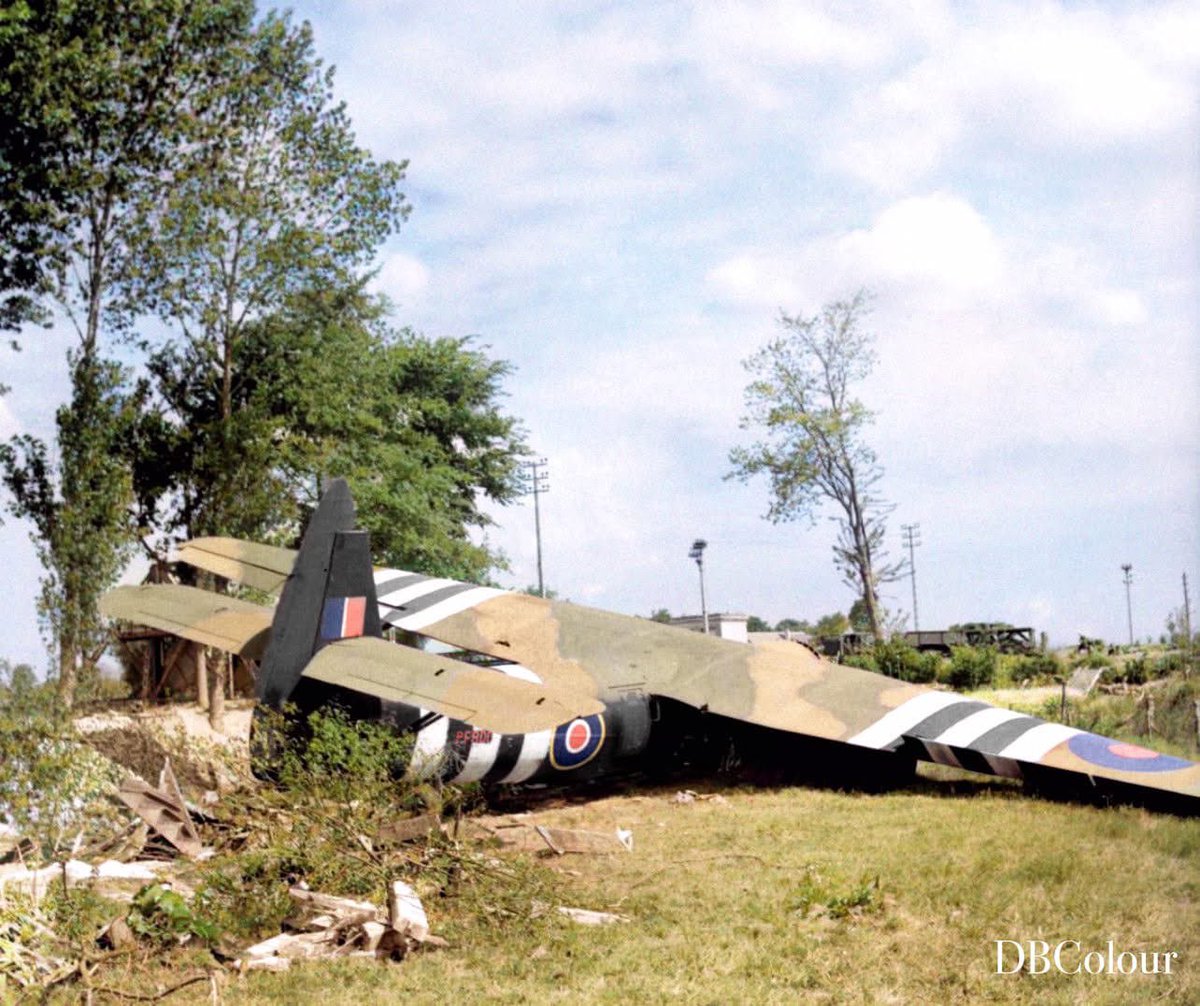 colour_history's tweet image. 8 June 1944
A Horsa glider near the Caen Canal bridge at Benouville.
This is glider No. 91 (PF800), which carried Major John Howard and Lieutenant Den Brotheridge with No.1 Platoon, 'D' Company, 2nd Battalion Oxfordshire and Buckinghamshire Light Infantry.
© IWM B 5232