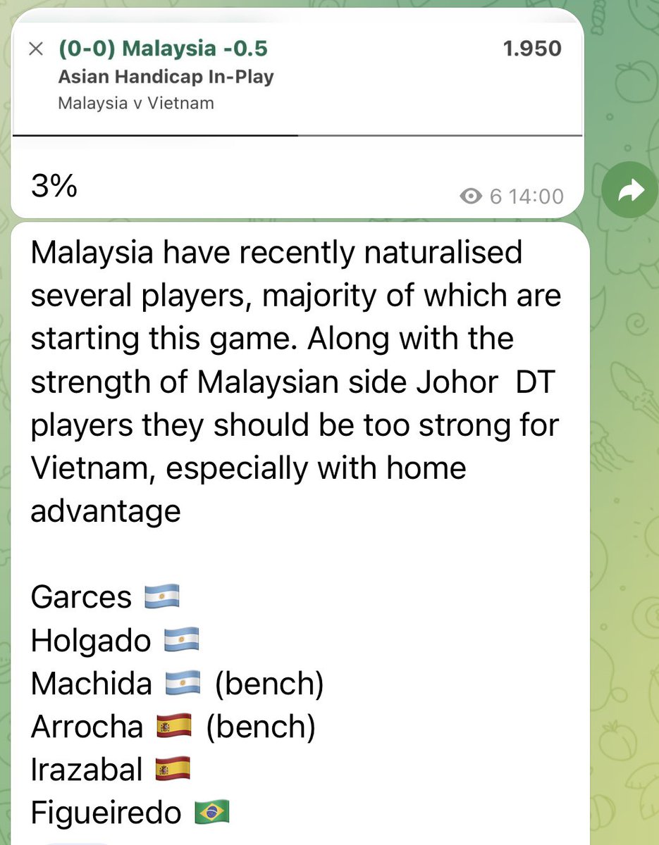 Malaysia’s 4-0 win caps off a perfect afternoon of bets in Asia! 🔥 Two of the aforementioned naturalised players scoring and a Johor DT player also chipping in with a goal.
Info 👇🏼