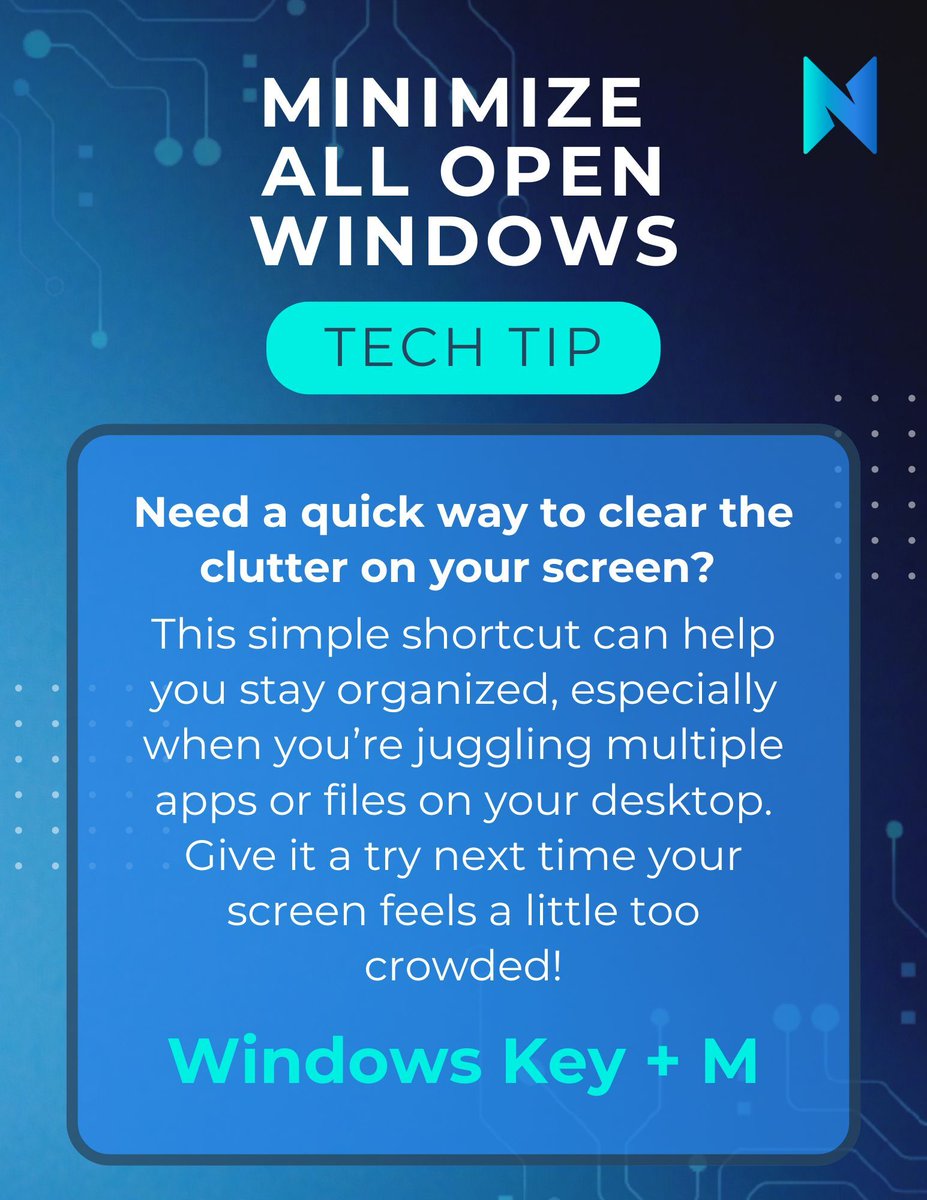 NetGainTech's tweet image. Too many windows open? 😵‍💻 

Hit Windows Key + M to instantly minimize all windows and get back to a clean desktop. It’s the fastest way to clear the chaos! 

#TechTipTuesday #KeyboardShortcuts #WorkSmarter #NetGainIT