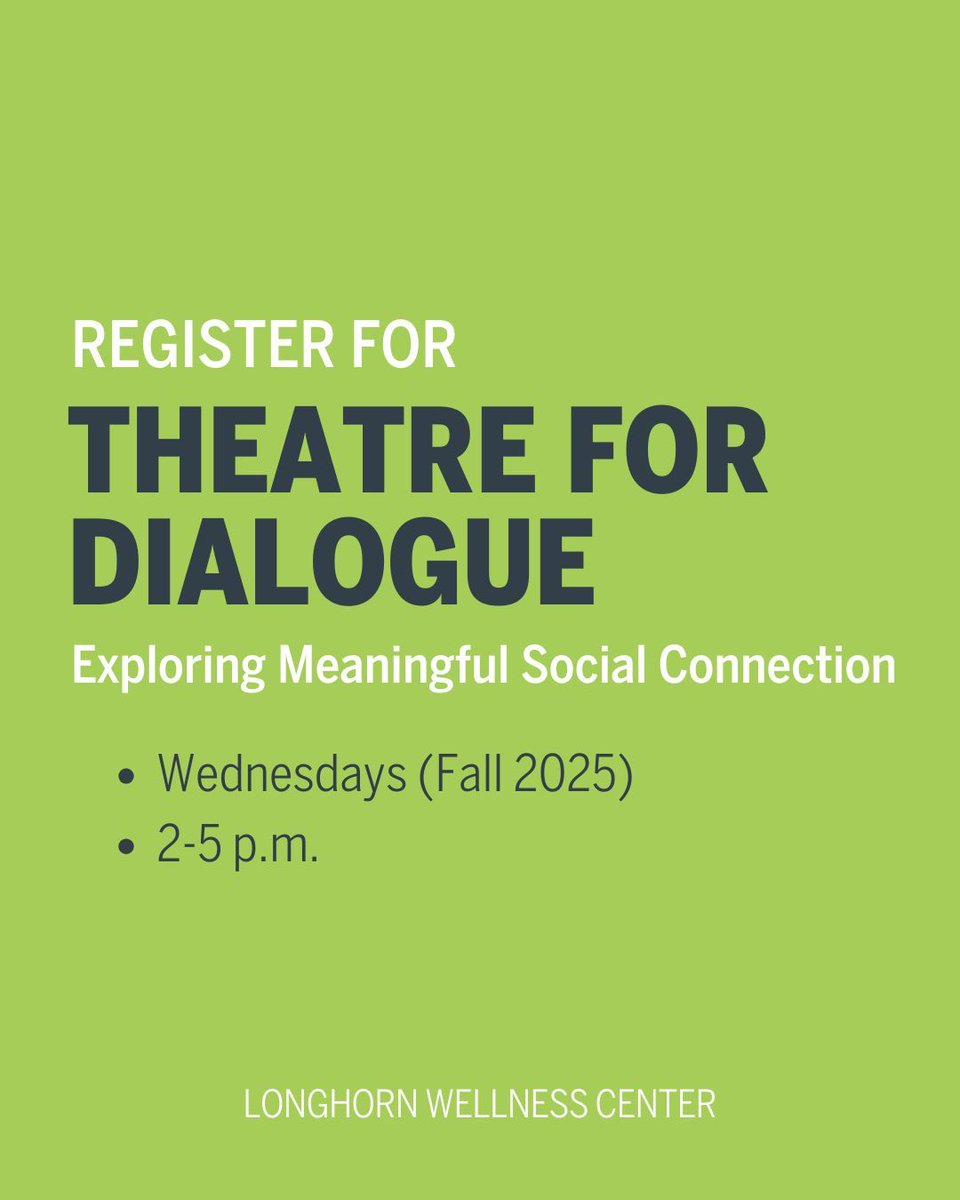 Healthyhorns's tweet image. Register for Theatre for Dialogue, an interactive course that uses art & theater to create spaces of belonging & connection (Fall 2025, with a required continuation in Spring 2026.)
Course credit offered through Theatre & Dance, Women's & Gender Studies or Social Work.