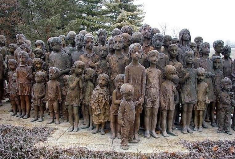 Look at the life-size memorial to the 82 children who were killed by the Germans in the gas chamber on 10 June 1942. The youngest child was one year and six days old. It was German revenge for the assassination of SS General R. Heydrich. The monument is located in Lidice in the