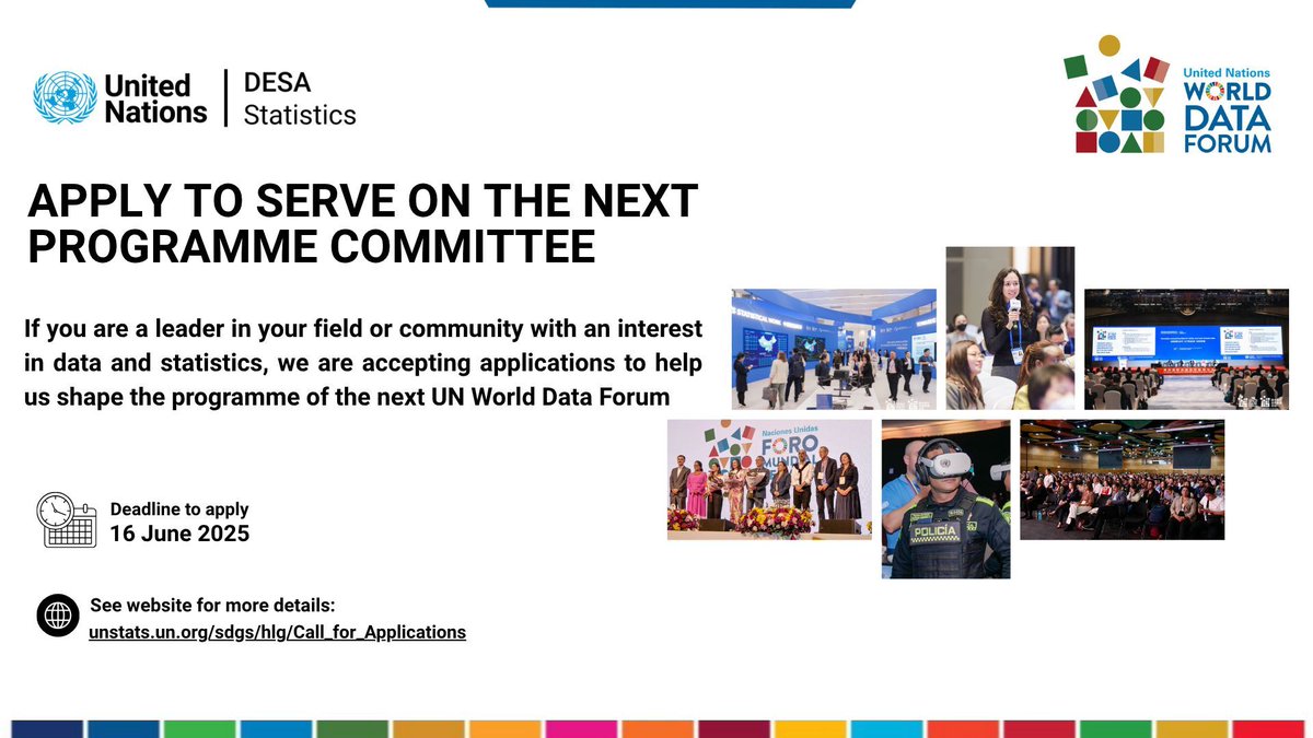 UN World Data Forum (@undataforum) on Twitter photo 🚨 Last chance!
The <a href="/UNDataForum/">UN World Data Forum</a> 2026 Programme Committee is still accepting applications. Help shape the global data agenda.
🗓 Deadline: 16 June 2025
📍 Forum: Riyadh, Nov 2026
🔗 buff.ly/NpFLxDg
#UNDataForum #SDGs 🚨 Last chance!
The <a href="/UNDataForum/">UN World Data Forum</a> 2026 Programme Committee is still accepting applications. Help shape the global data agenda.
🗓 Deadline: 16 June 2025
📍 Forum: Riyadh, Nov 2026
🔗 buff.ly/NpFLxDg
#UNDataForum #SDGs