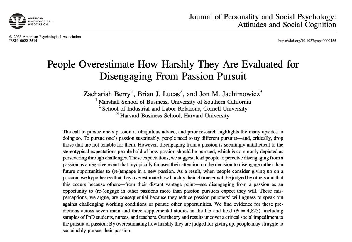 Zachariah Berry (@zberry37) on Twitter photo 🚨 New paper alert 🚨
In my new paper out now in JPSP (w/<a href="/brianjlucas/">brian lucas</a> & <a href="/jonj/">Jon M Jachimowicz</a>), we show across 10 studies (including w/nurses, teachers, & PhD students) that people considering giving up a passion pursuit overestimate how harshly others will judge them 🧵 doi.org/10.1037/pspa00… 🚨 New paper alert 🚨
In my new paper out now in JPSP (w/<a href="/brianjlucas/">brian lucas</a> & <a href="/jonj/">Jon M Jachimowicz</a>), we show across 10 studies (including w/nurses, teachers, & PhD students) that people considering giving up a passion pursuit overestimate how harshly others will judge them 🧵 doi.org/10.1037/pspa00…