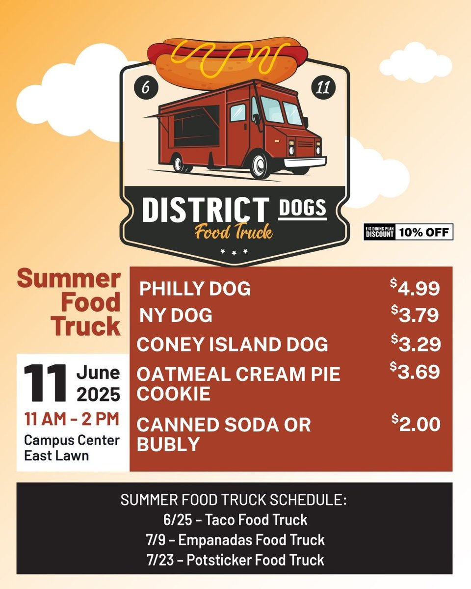 District Dogs Food Truck returns tomorrow (6/11) at the Campus Center, East lawn for specialty dogs inspired by New York City, Philly, and Coney Island. 🌭🏙️

Swipe to get a look at the menu and the delicious dogs that await!😋👀