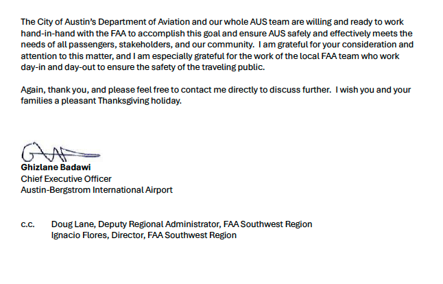 KUTnathan's tweet photo. The FAA maintains no public archive of ground delays, so you can't easily keep track.

But back in November, ABIA's CEO wrote the FAA saying ground delays are "impacting airline operations for our carriers and customers."

She called the controller shortage "dire." https://t.co/0uvJM8I5Fy