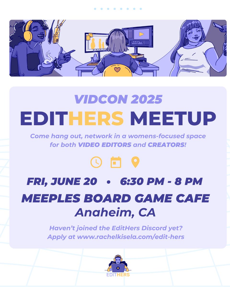 👩‍💻We're having a meetup for the EditHers community at VidCon 2025! We're on a mission to celebrate &amp; support the women both in post-production and on-camera in the creator economy. If that sounds like you, please swing by! I'd love to meet you!