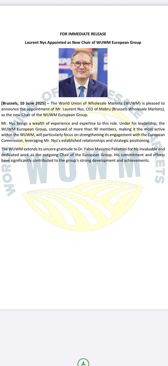 🇪🇺 C’est un grand honneur d’être nommé président du groupe européen des marchés à la @WUWM_Official.
Une première pour la Belgique 🇧🇪 !
Depuis Bruxelles, renforçons ensemble les liens avec l’UE autour de la souveraineté alimentaire et de la durabilité.
#WUWM #Bruxelles