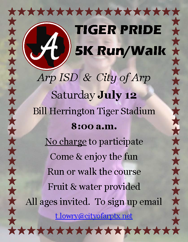 ArpISD (@arpisd) on Twitter photo DUST OFF THOSE RUNNING OR WALKING SHOES: Our school district is partnering with the City of Arp to put on the 1st annual Tiger Pride 5K run/walk Saturday July 12 at 8:00am. It's free to register. Email t.lowry@cityofarptx.net to get yourself in the race.
#TPND #EATT #bEASTtexas DUST OFF THOSE RUNNING OR WALKING SHOES: Our school district is partnering with the City of Arp to put on the 1st annual Tiger Pride 5K run/walk Saturday July 12 at 8:00am. It's free to register. Email t.lowry@cityofarptx.net to get yourself in the race.
#TPND #EATT #bEASTtexas