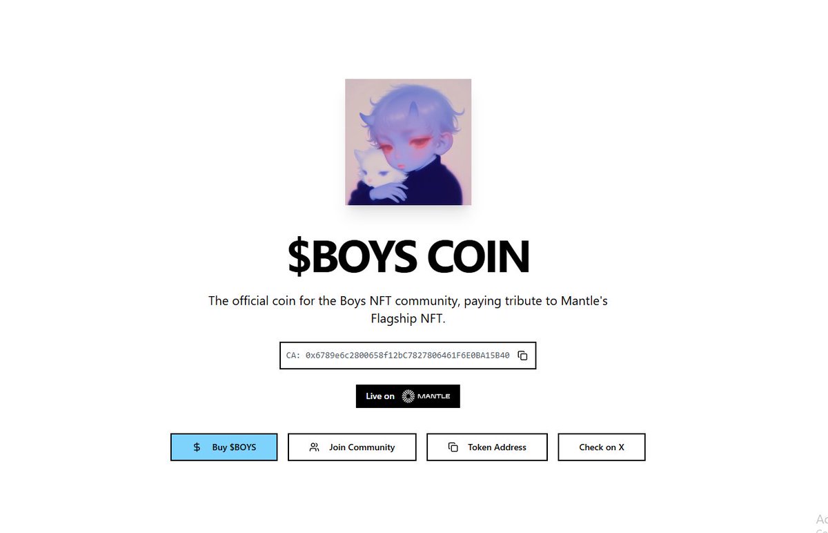 $BOYS is the official Coin complementary to Boys NFT on Mantle by <a href="/petravoice/">Petra</a>. It is an homage to the NFT that aligned the Mantle community like nothing else

<a href="/Bybit_Official/">Bybit</a>  List $BOYS soon
10M$ Cap soon

See more at <a href="/funnymoney/"></a>