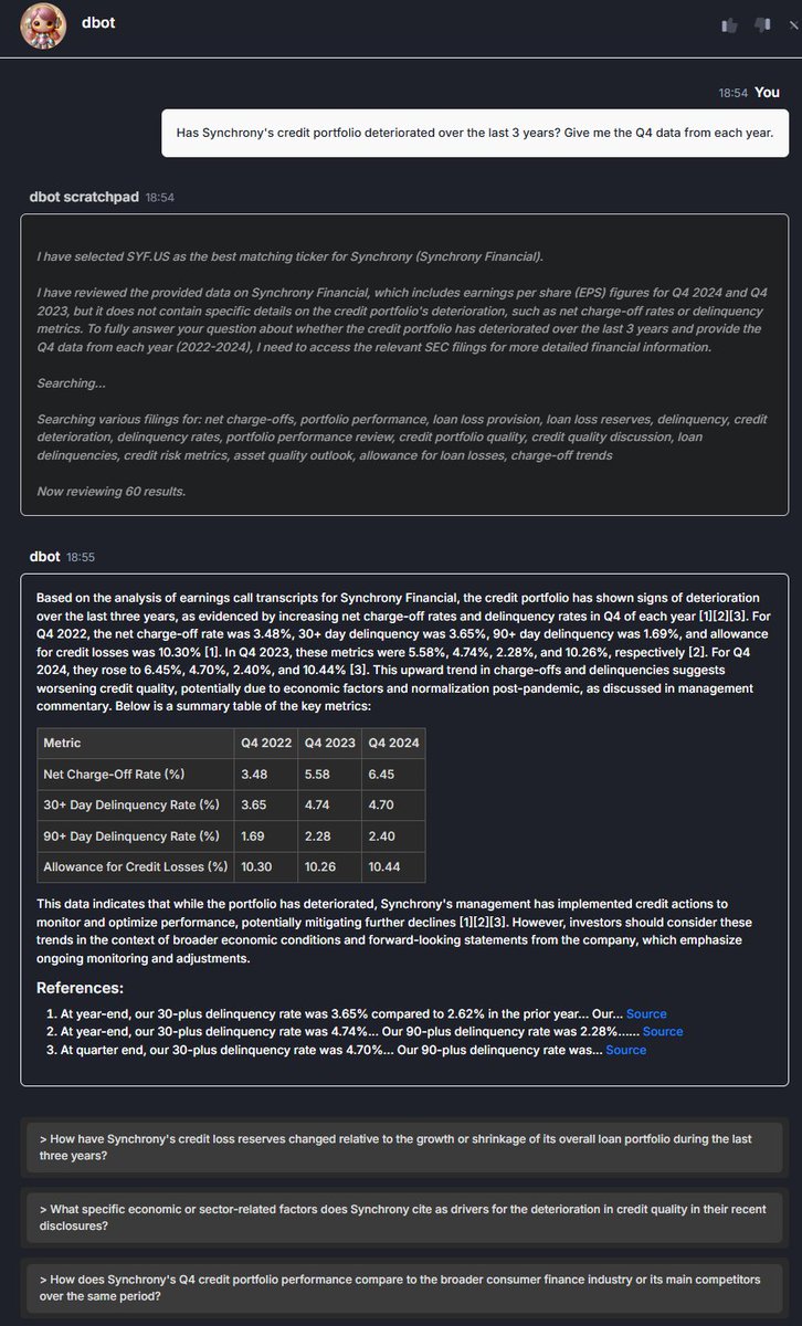 dfin_pro's tweet image. I&apos;m happy to announce a beta launch of dbot - our AI agent for deep dives in to company financials, filings, and transcripts. Currently supporting S&amp;amp;P 500 companies and increasing daily. 

If you are interested in test driving it, do sign up on the site and ping me and I&apos;ll get…
