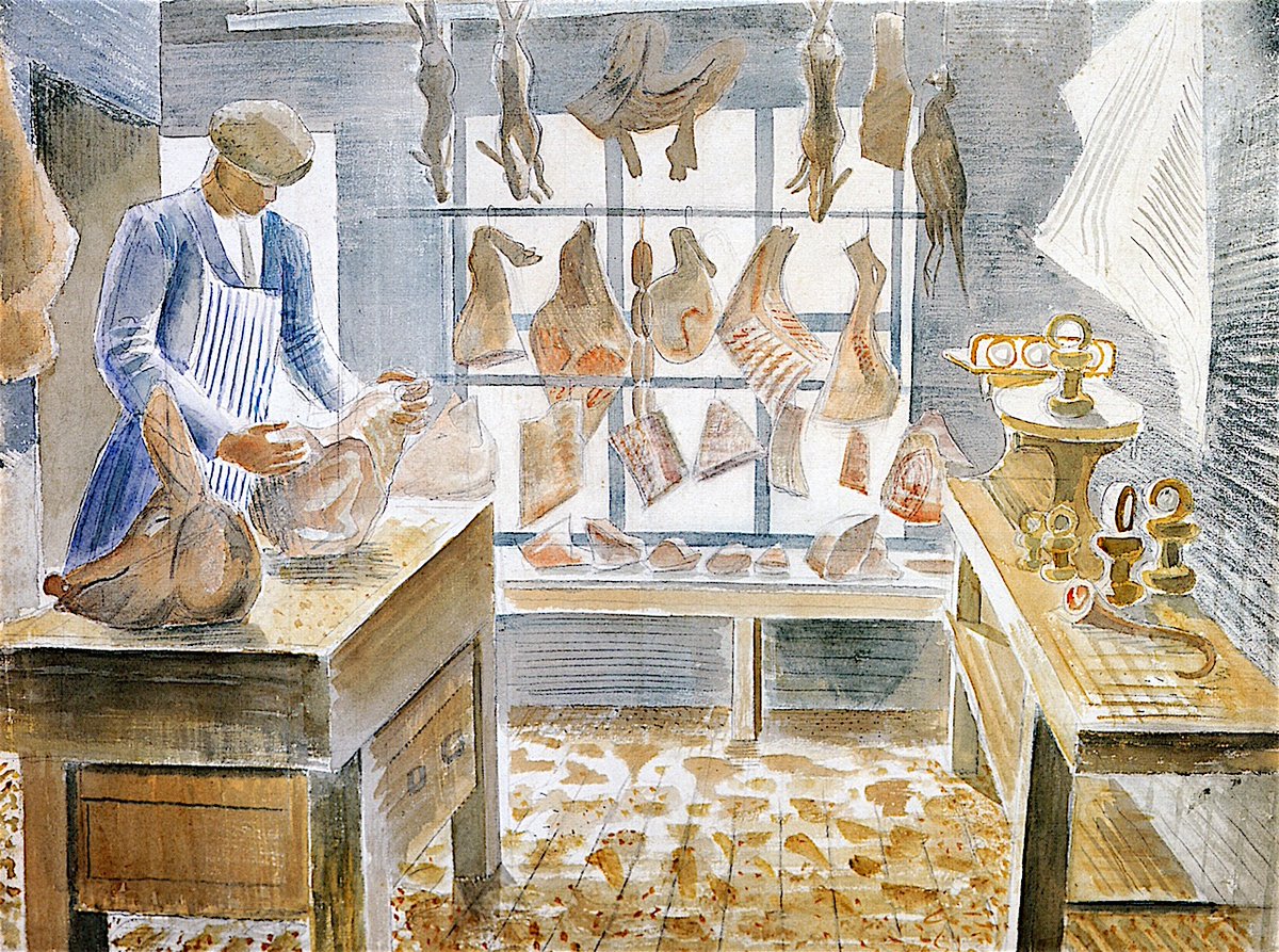 Ravilious1942's tweet photo. The Butcher’s Shop, Eric Ravilious, 1937. The original artwork is in the collection of @TownerGallery. https://t.co/2rGPPhKphP