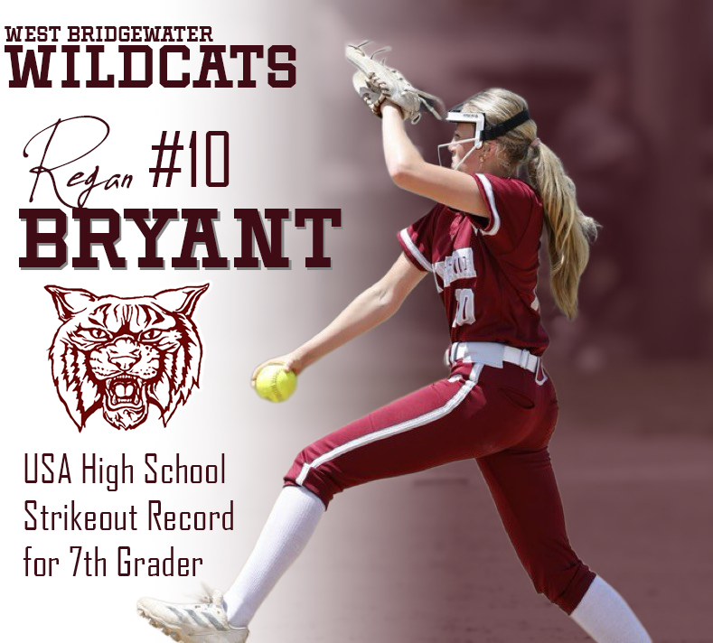 WBSportsRecaps's tweet photo. USA HIGH SCHOOL VARSITY SOFTBALL RECORD – SEVENTH GRADER:
Regan Bryant – West Bridgewater, Massachusetts
Seventh Grader, Regan Bryant, a varsity pitcher at West Bridgewater Middle-Senior High School in West Bridgewater, MA set a USA High School Varsity Team Softball Record during the 2025 season. Regan is the first documented USA record setter specifically as a seventh grader on a varsity high school softball team to achieve 20 strikeouts in a regular 7 inning game. Regan accomplished this feat during the regular season against Bourne High School on April 10, 2025. Regan Bryant got 20 of the team’s first 20 outs by strikeout. She had a chance to get 21 out of 21 outs by strikeout but, the 21st out of the game was called due to a runner for Bourne on base left early for the final out. In that same game Regan Bryant also had the team’s winning hit and RBI on offense to win the game in the bottom of the seventh inning on a double. A seventh grader on a varsity team who throws 20 strikeouts and wins the game at bat on offense with the winning hit in a regular 7 inning game is also unheard of especially in the modern era and a rare feat on any high school grade level for both to happen.

Regan Bryant also plays club softball during the offseason with South Shore Chaos based out of East Bridgewater, MA. Regan plays on team 2025 Chaos – Bryant 12U. Regan’s club team assisted by Coach Kristin Bryant recently won the 2025 Massachusetts USA Softball State Tournament on May 18, 2025. The team won all 7 games and Regan pitched a no-hitter in one of those wins. Regan helped her team make it to the championship game with a win against Hudson Demolition – Devoe 12U by striking out 9 batters in the circle and at bat on offense had 3 hits and 3 RBIs. In the championship game against Taunton Tornadoes – Buffington 12U with the score tied, Regan had a single that helped produce the leading run.

Photo Credit: Richard S. Smith of RSS Photography
Graphics/Image Credit: Brian Comeau

@BoostersWb @kikibryant3233 
@BrocktonSports @sports_ledger @ChrisMcDaniel88 @GlobeSchools @GlobeLars 
@BrendanKurie @BConn63 @BostonHeraldHS 
@PhotogSmitty @comeaubp @LDomingosRoy  
@SSChaos26 @SouthShoreChaos 
@gatorjack72  @cmiconsalvi @daveywalnuts_ @Coach_KHolmes @WbCoachKogler @CoachMikeJ23 @ReddingtonCoach @AlannaFidalgo29 
@SBRRetweets @Kaycon000 @water_boy7 @WESTBRIDGEBALL @jag_garces11 @Mallett_13 @RichlandOhNews @CharlesLuarasi @nick_navin9 @Chezsports @graham_dietz @CoachZachsmith9 @Kryan0810 @debharkins73 @Ryan_Nunes2 @cfullerdl @NicoleH70998430 @WBHS_VB