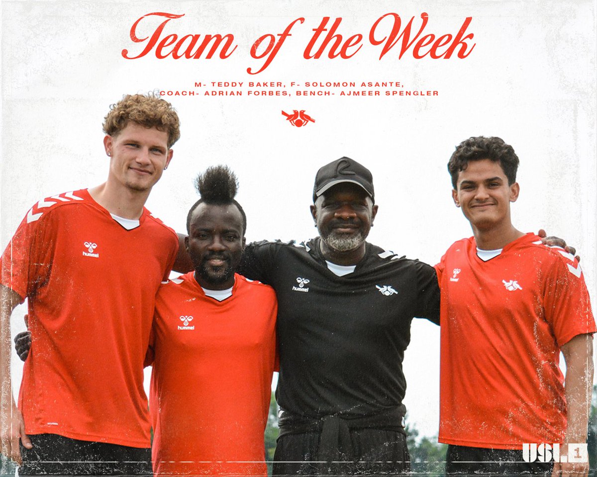 USLTexoma's tweet image. Excellence recognized.

Congratulations to Texoma FC players Teddy Baker, Solomon Asante, and Ajmeer Spengler on being named to the USL1 Team of the Week, as well as Head Coach Adrian Forbes on being named Coach of the Week❕🔥

#WeAreTexomaFC #VamosTexoma