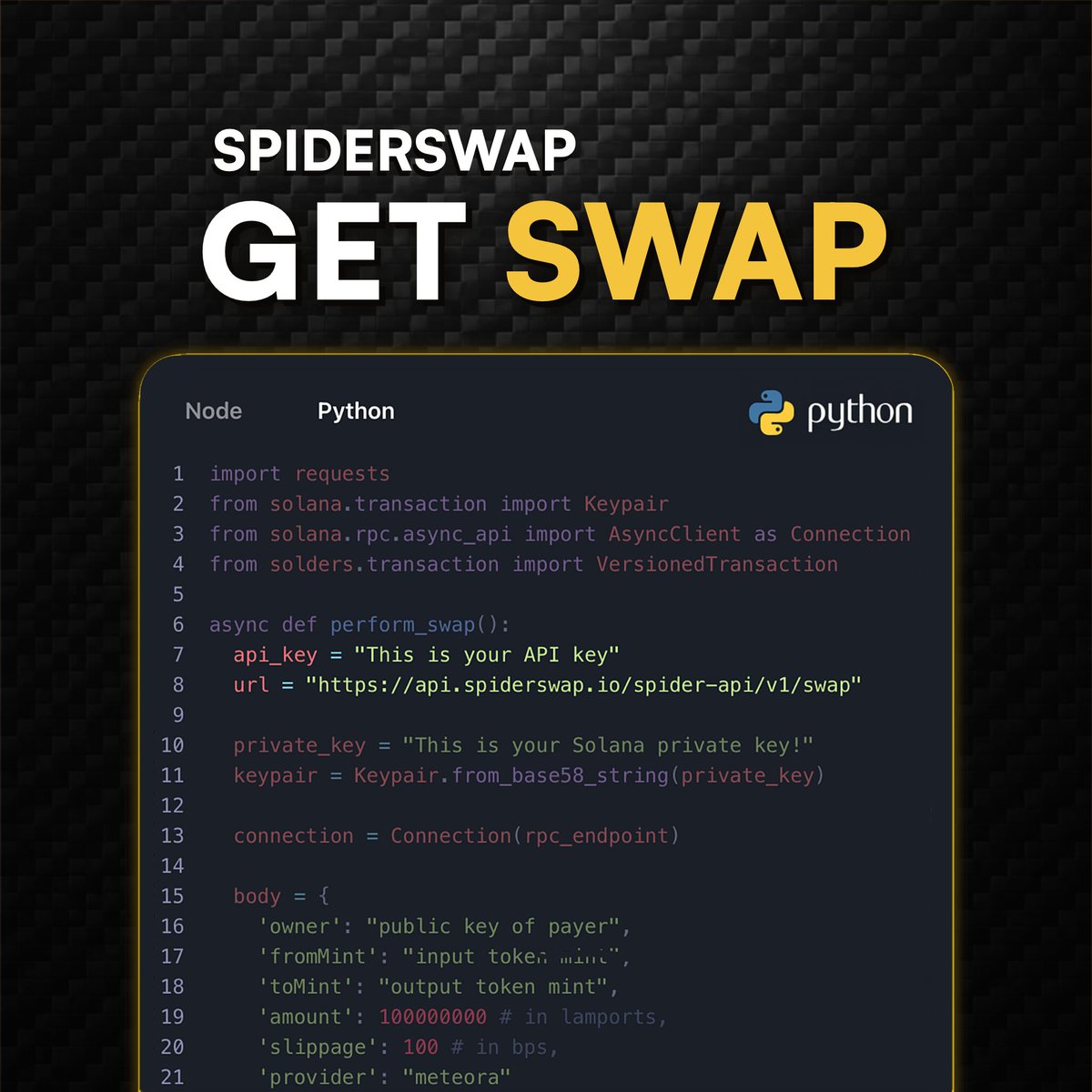 Spiderswap (@spdrswap) on Twitter photo Build with Spiderswap. Integrate with confidence.
Swapping is at the core of our Solana-native aggregator, backed by gasless execution and custom pool support.
From lightweight add-ons to full-stack workflows, Spiderswap’s docs make building effortless. Build with Spiderswap. Integrate with confidence.
Swapping is at the core of our Solana-native aggregator, backed by gasless execution and custom pool support.
From lightweight add-ons to full-stack workflows, Spiderswap’s docs make building effortless.