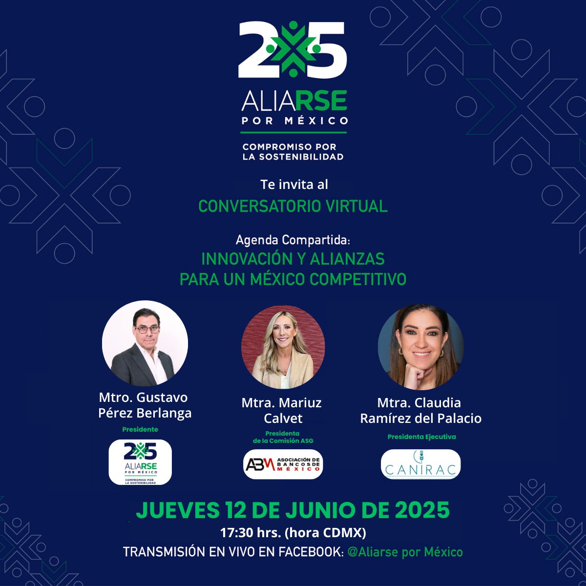 "Agenda Compartida: Innovación y Alianzas para un México Competitivo" 

Participan:
Mtro. Gustavo Pérez, Presidente de ALIARSE por México
Mtra. <a href="/MariuzCalvetR/">Mariuz Calvet</a>, Presidenta de la Comisión ASG <a href="/AsocBancosMx/">Asociación de Bancos de México</a> 
Mtra. Claudia Ramírez del Palacio, Presidenta Ejecutiva de <a href="/canirac/">CANIRAC NACIONAL</a>
