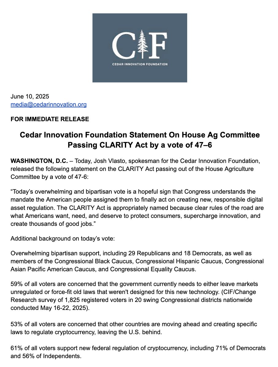 Our statement on the <a href="/HouseAgGOP/">House Committee on Agriculture</a> passing the CLARITY Act: