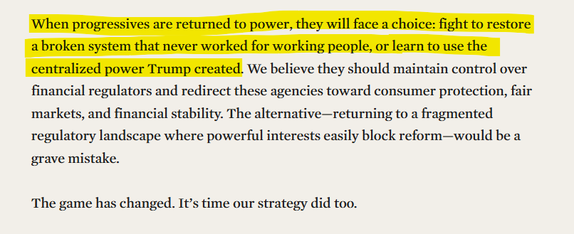 Douglas Farrar (@douglaslfarrar) on Twitter photo Few politicians think about the long term implications of their choices. Trump especially lives in the moment.
So what has Trump wrought by ending regulator independence?
Empowered agencies that progressives should use, say <a href="/sethfrotman/">Seth Frotman</a> and <a href="/Jeremy_Kress/">Jeremy Kress</a> in <a href="/DemJournal/">Democracy Journal</a> Few politicians think about the long term implications of their choices. Trump especially lives in the moment.
So what has Trump wrought by ending regulator independence?
Empowered agencies that progressives should use, say <a href="/sethfrotman/">Seth Frotman</a> and <a href="/Jeremy_Kress/">Jeremy Kress</a> in <a href="/DemJournal/">Democracy Journal</a>