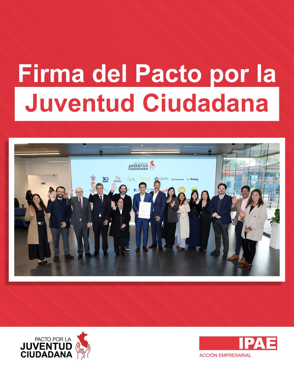 📢 16 organizaciones públicas y privadas firmaron el Pacto por la Juventud Ciudadana para impulsar la ciudadanía activa entre las y los jóvenes del Perú.

 🤝 Como promotores de esta iniciativa, desde IPAE Acción Empresarial, reafirmamos nuestro compromiso con las juventudes y la