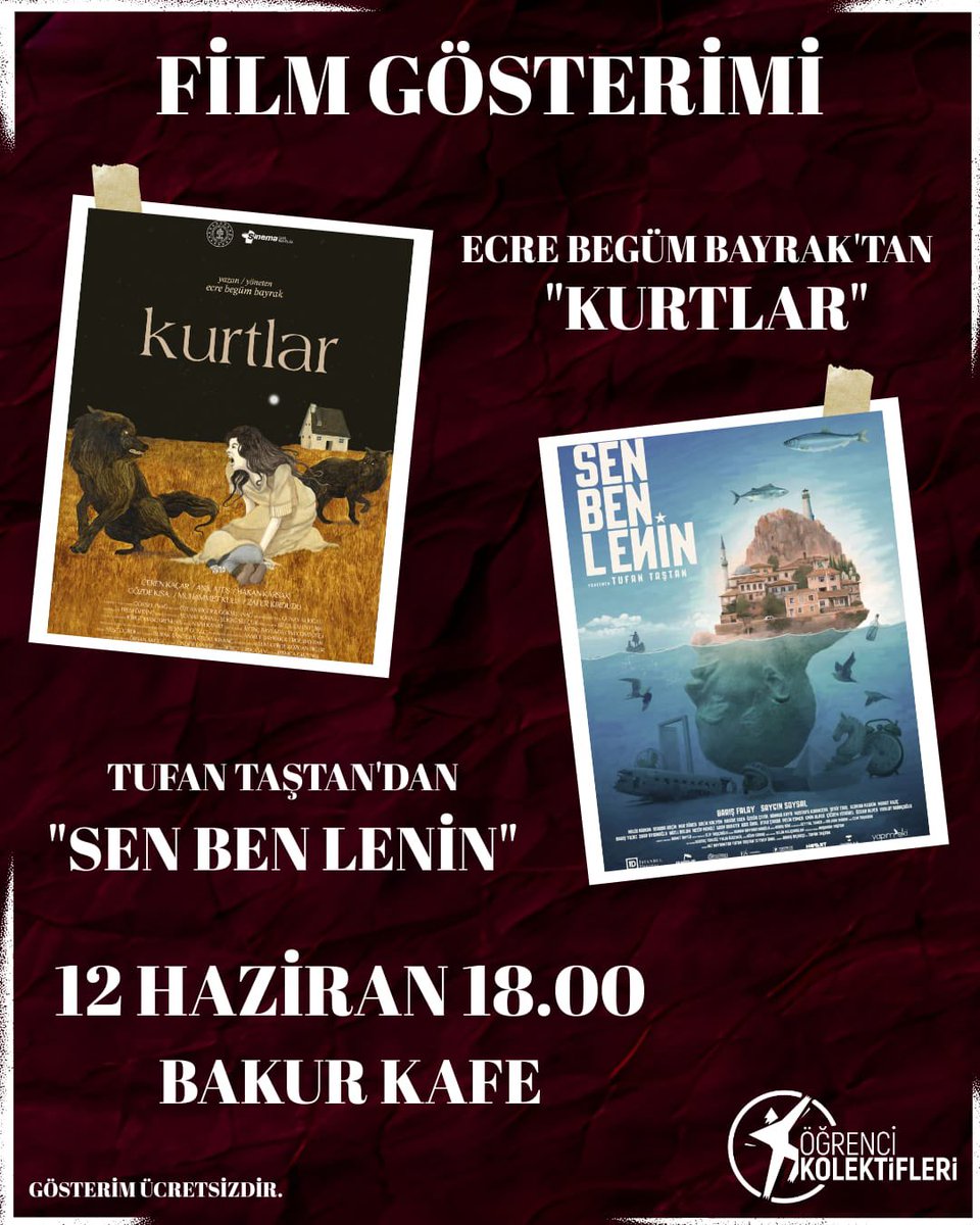 📍İzmir 
 
TRT’nin yönetmen Ecre’yi susturma çabasına, sanatın sansürlenmesine ve ifade özgürlüğümüzü kısıtlayanlara karşı ücretsiz film gösteriminde buluşuyoruz!

Ecre’nin istediği özgürlük yaşamın her alanında var olana dek dayanışmamız sürecek!

📍Bakur Kafe (Bornova)
🕣18.00