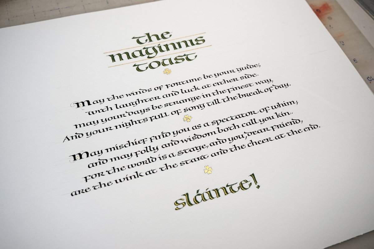 Birthday tribute ( I lettered), but my client composed the text. I haven't pulled this style out in a long time. Note: Edward Johnston wrote a half-Uncial as his "straight pen hand" but later adopted a more slanted "Foundational" (see Writing, Illuminating, &amp; Lettering).