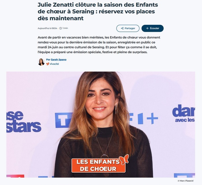 #Info #Lesamis Notre belle <a href="/juliezenattioff/">Julie Zenatti</a> cloture la saison des #EnfantsdeChoeur de <a href="/vivacite/">VivaCité 📻</a> au #CentreCultureldeSeraing le 24 Juin dès 19h !! N'hésitez pas à réserver vos places !! 
-> shop.utick.net/?module=QUANTI…

#juliezenatti #lechemin 📻🎙️