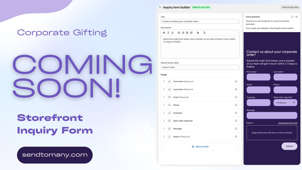 evnbttr_apps's tweet image. New feature dropping next week on sendtomany!
We&apos;re making it easier for @Shopify merchants to grow their #corporategifting sales with a Storefront Inquiry Form 📝
💡 Capture customer requests + files
⚡ Turn them into orders instantly
📈 Simplify workflow, boost revenue