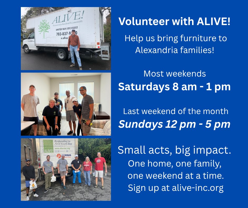 Wish you could turn a Saturday or Sunday into something more meaningful than just errands and laundry? Join ALIVE! to deliver furniture to families in need. Join us on Saturdays 8am-1pm, or on Sundays 12pm-5pm (on the last weekend of the month). More at: alive-inc.org/volunteer