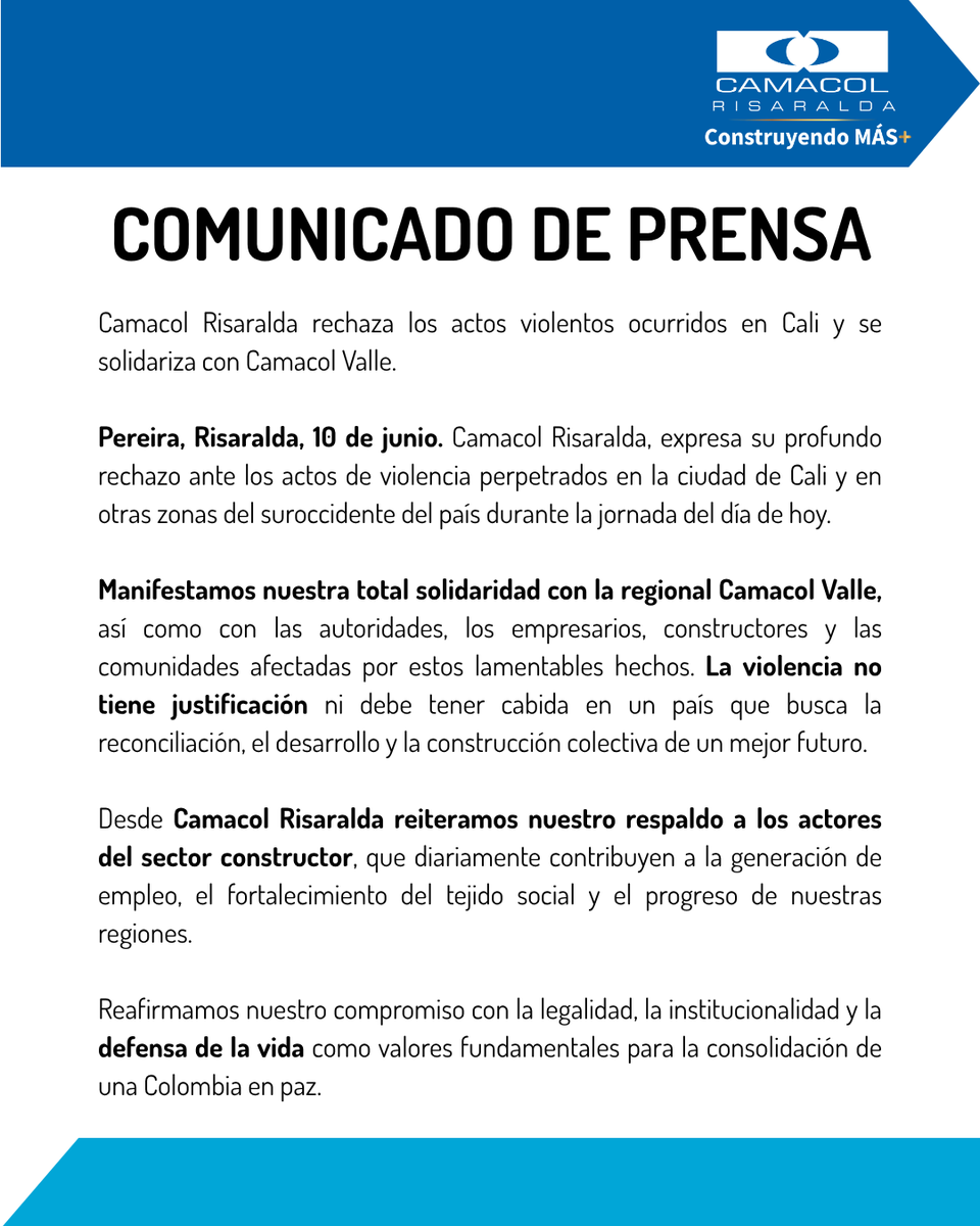 COMUNICADO A LA OPINIÓN PÚBLICA 📢
Camacol Risaralda rechaza los actos violentos ocurridos en Cali y se solidariza con Camacol Valle.
<a href="/Camacolvalle/">Camacol Valle</a>