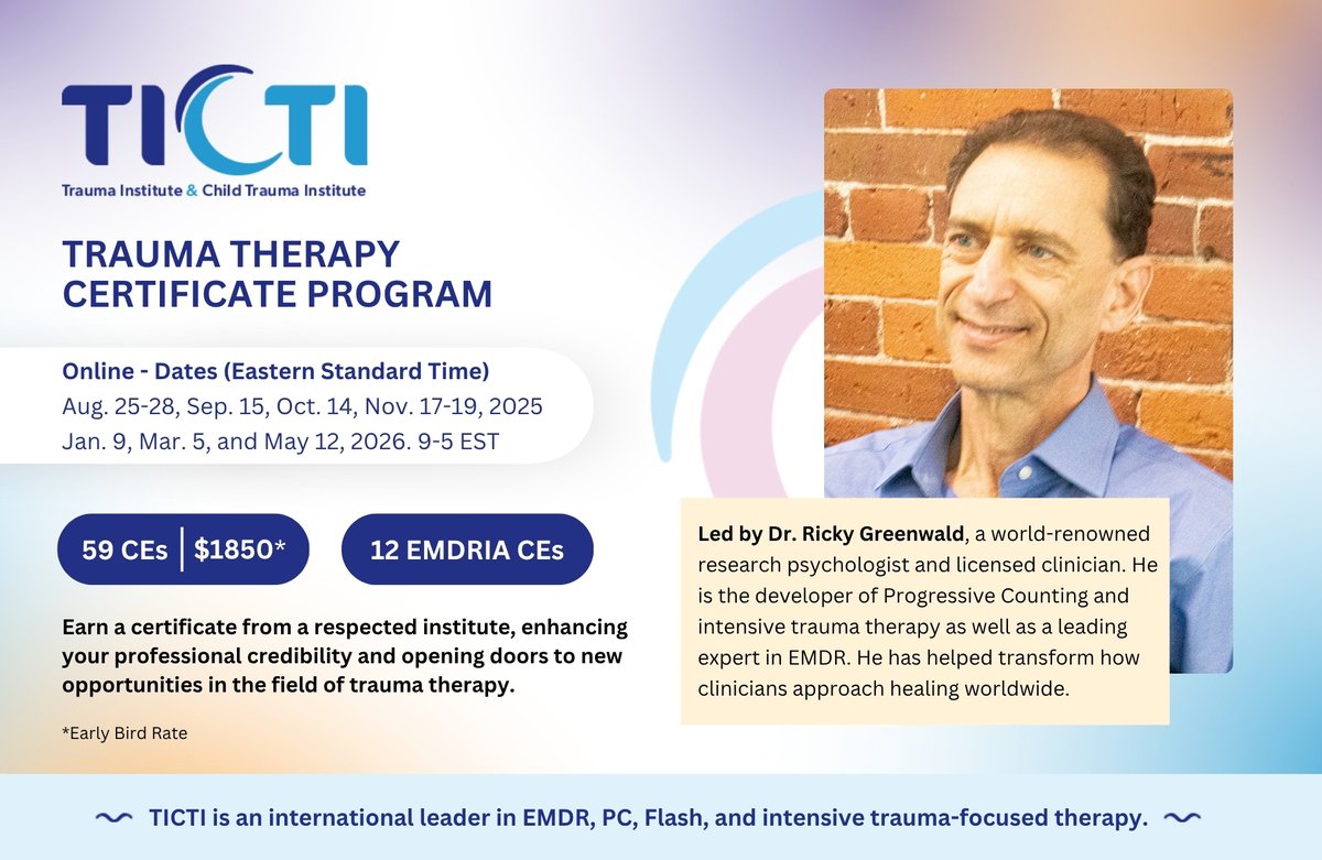 Trauma Therapy Certificate Program
Starts August 25

Learn and master the essential clinical skills for trauma-informed treatment with adults, children, and teens in this research-supported training.

Info and Registration: ticti.org/training/certi…
#intensivetherapytraining