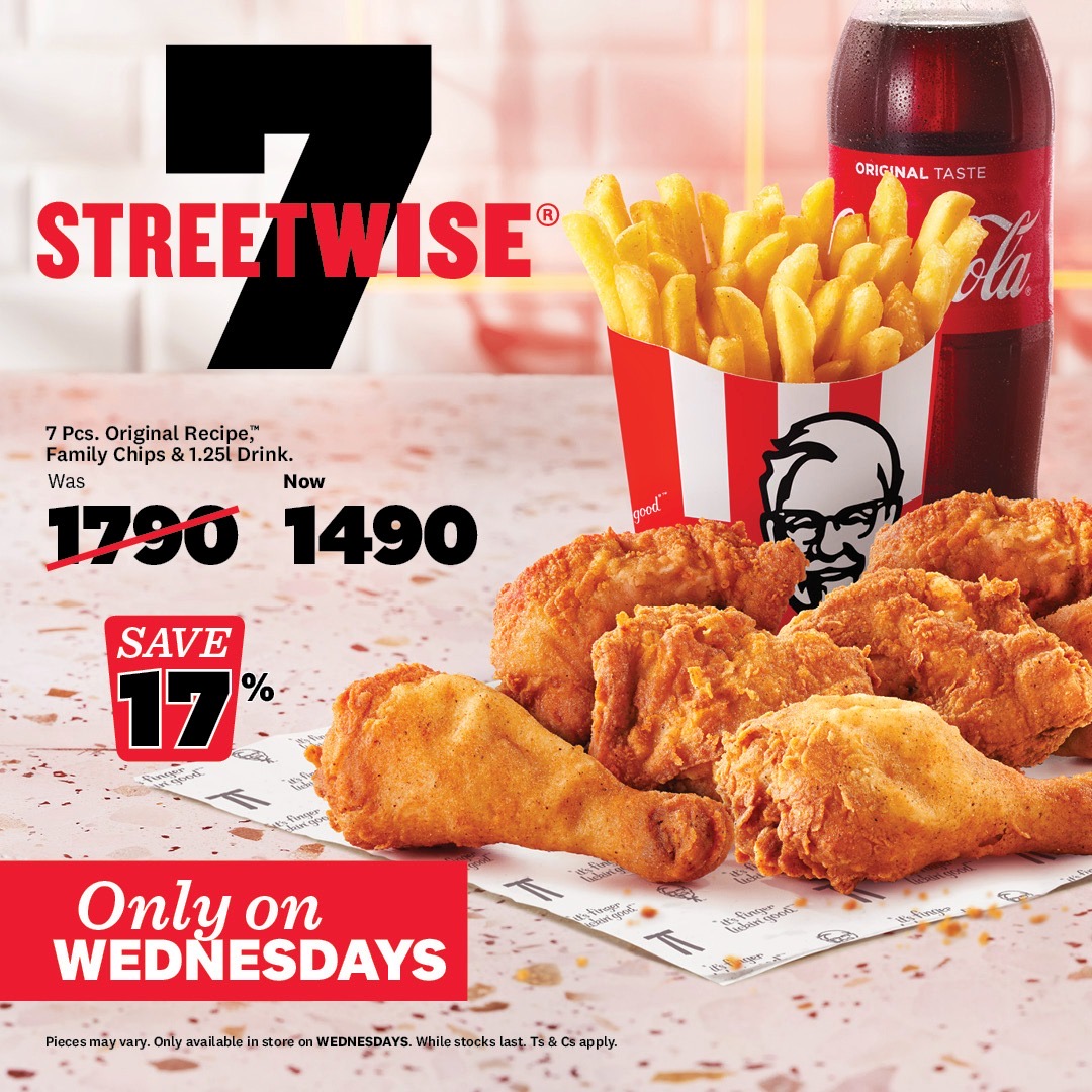 Midweek just got WILD 🔥7 pieces of your fave chicken, Family Chips and  1.25L soda; Was Kes 1790 — Now only Kes 1490! Only on WEDNESDAYS — don’t sleep on it.🍗🍟🥤
#KFC #ItsFingerLickinGood #Streetwise #Food #Foodie
