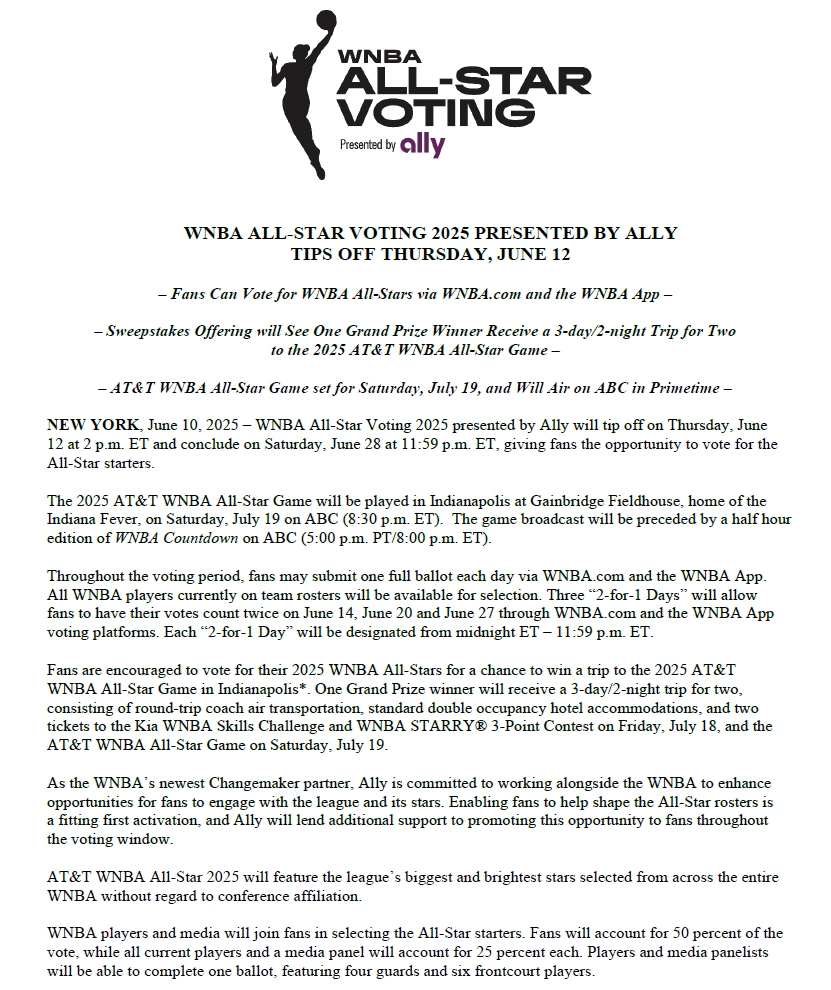 WNBAComms's tweet photo. WNBA Announces All-Star Voting 2025 Presented By Ally Tips Off Thursday, June 12. https://t.co/36szS9n6u5