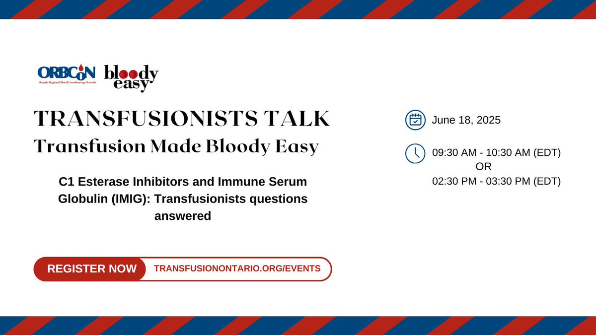The registration is now available for our Transfusionists Talk, Transfusion Made Bloody Easy!
 
Infrequently Administered Blood Products: Information for Transfusionists ,On June 18th.
The two sessions available are 9:30-10:30am and 2:30 to 3:30pm 
buff.ly/VmOZuWd