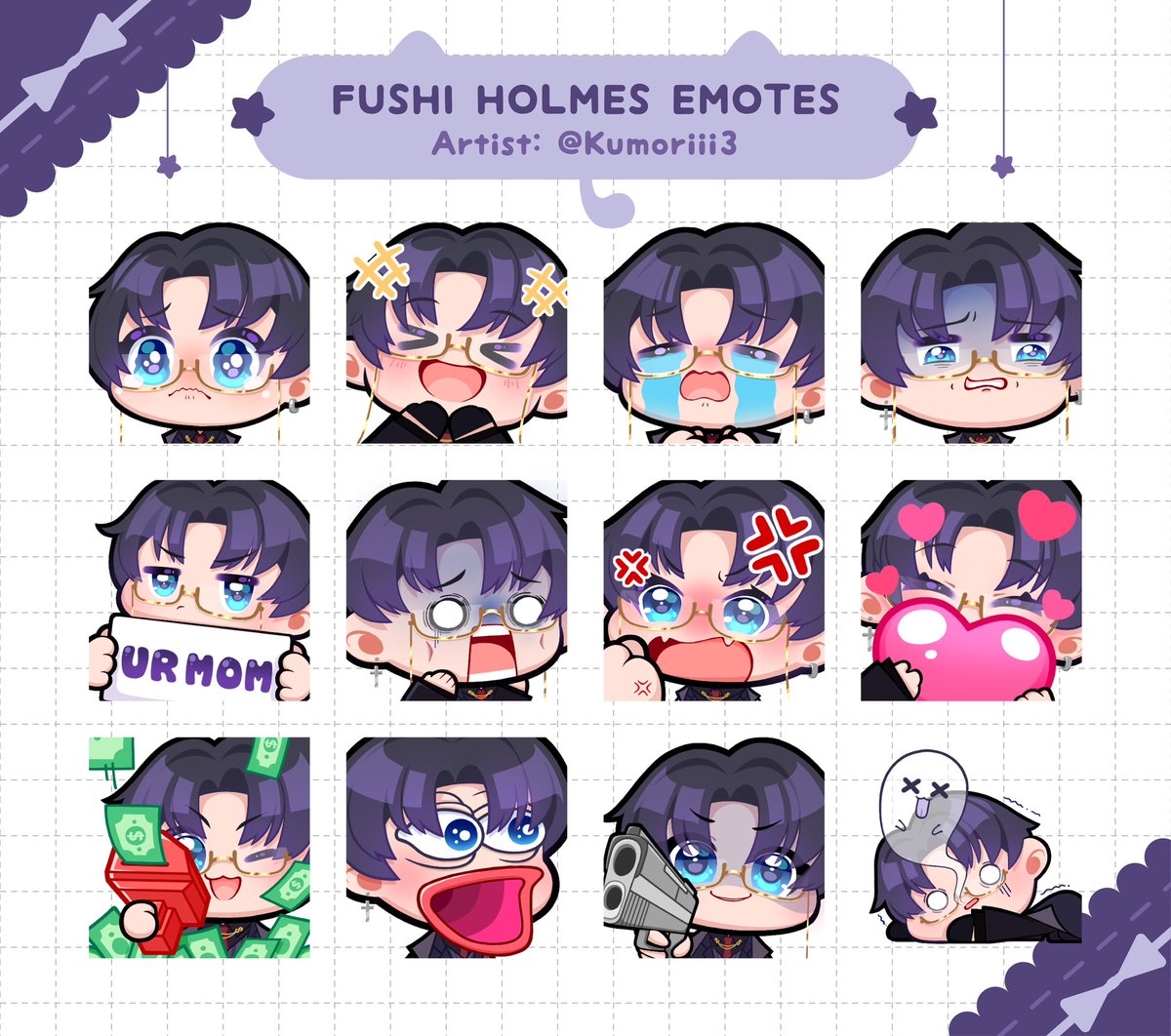 FushiTheHolmes's tweet photo. Twitch and YouTube emotes has arrived. Thanks @Kumoriii3 for the lovely emotes https://t.co/s66Kw8qliY