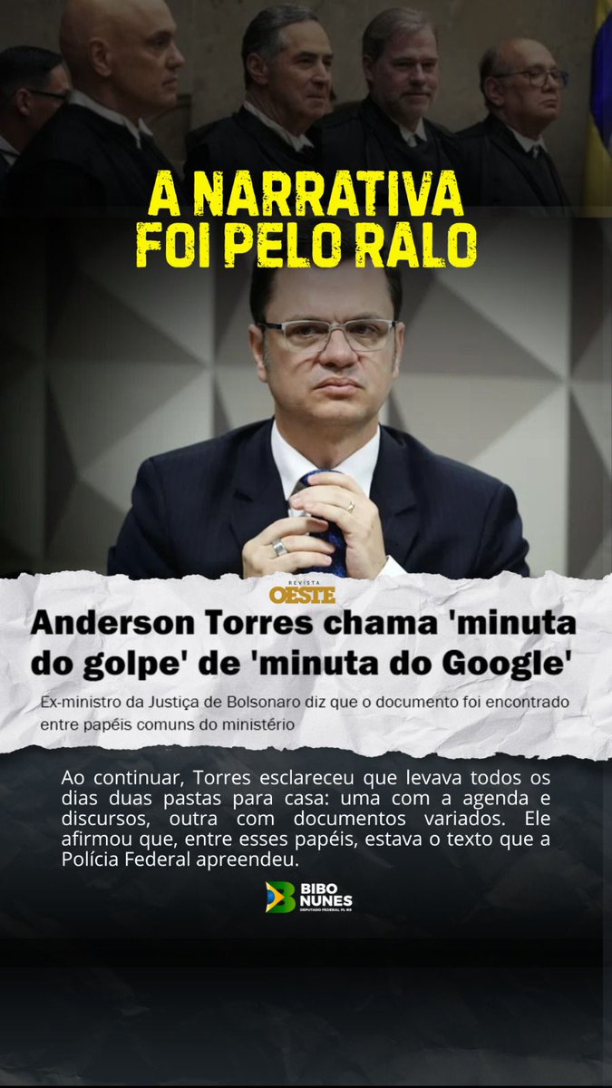 🚨 MAIS UM ARGUMENTO QUE PROVA: NÃO FOI GOLPE!

Anderson Torres, ex-ministro da Justiça, negou ter levado a sério a chamada “minuta do golpe” e afirmou que o documento apareceu entre dezenas de ofícios e sugestões que chegavam diariamente ao ministério.

💬 Ele ainda ironizou,