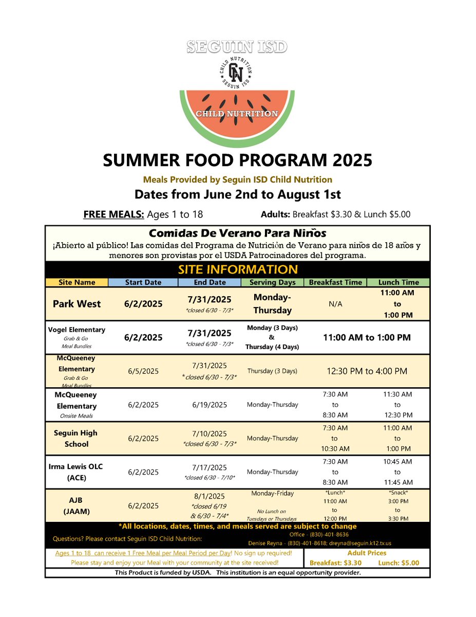 ☀️ Summer meals are on the menu! We are serving FREE meals for kids and teens 18 and under, and up to age 21 for students with disabilities all summer long through the USDA Summer Food Service Program (SFSP). Participants do not have to be a student of Seguin ISD.
No registration