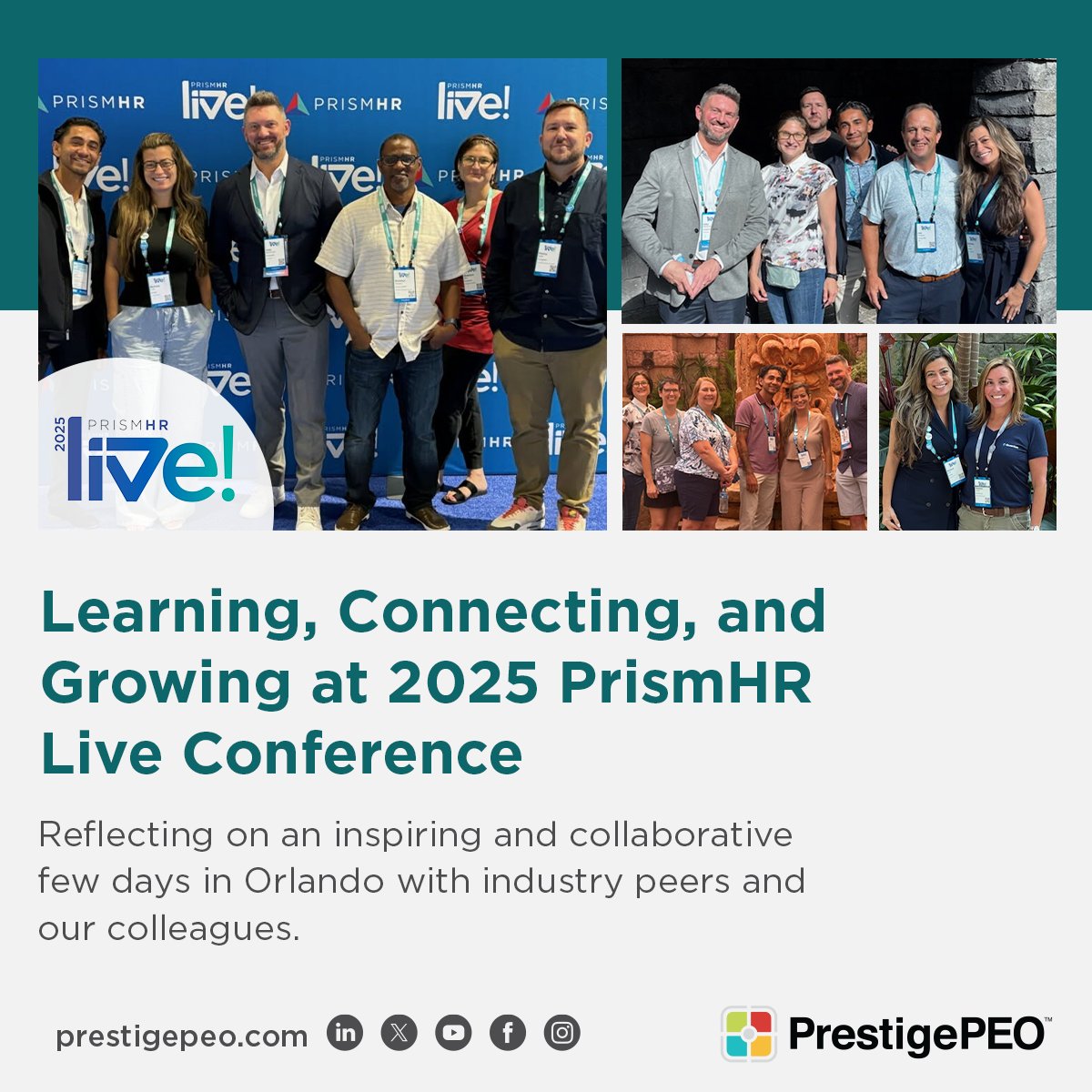 PrestigePEO's tweet image. What a great few days at the #PrismHRLive Conference in Orlando!
PrestigePEO gained valuable insights and loved connecting with our Teamwork Services colleagues.
Thanks for a fun, collaborative, and educational experience!
#HRInnovation #PEOs