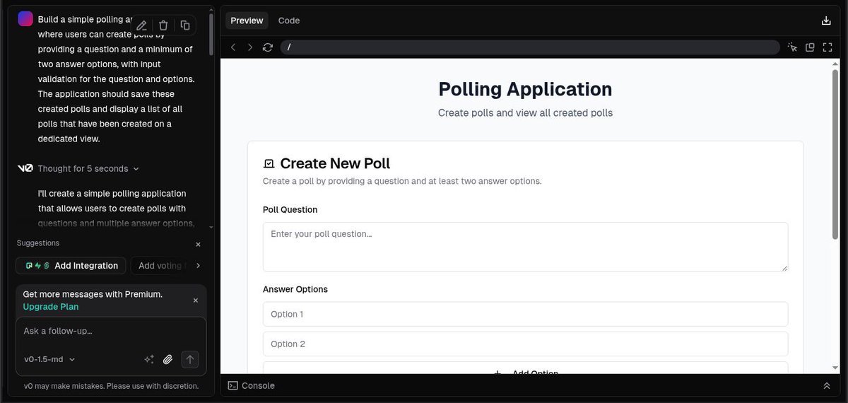 devSec_Jeff's tweet image. Prototyping with AI tools

I created a prototype of a polling application using v0 and chef to create the following application interface. 
@alx_africa #ALX_AIDEV @julienbarbier42 @kalibetre